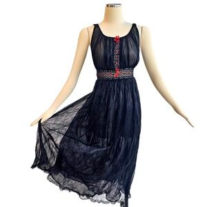 Vintage Avian Sheer Black Nightgown Red Lace Ribbon Mesh Lingerie Dress 1970s